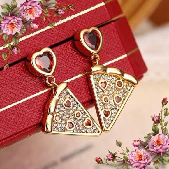 Gold and Red Heart Pizza Earrings - Picture 1 of 11
